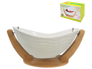 Фруктовниця порцелянова на бамбуковій підставці White Classic 14" 35х19х17см