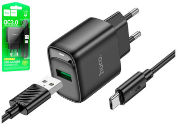 Мережевий зарядний пристрій Hoco C140A 1USB QC 18W+USB to Type-C, колір чорний