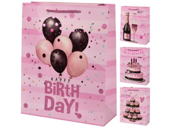 Пакет подарочный Happy Birthday, бумага, 30×41,5×12см, 4 дизайна (цена за 1шт)