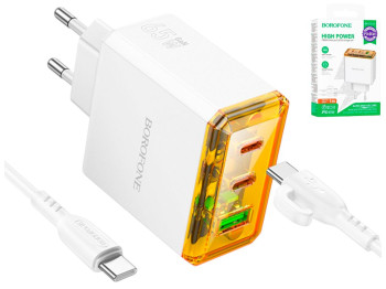 Зарядний пристрій Borofone BAS34A, 2Type-C+1USB, PD/QC 3.0, 65Вт, 130×85×35мм, колір білий