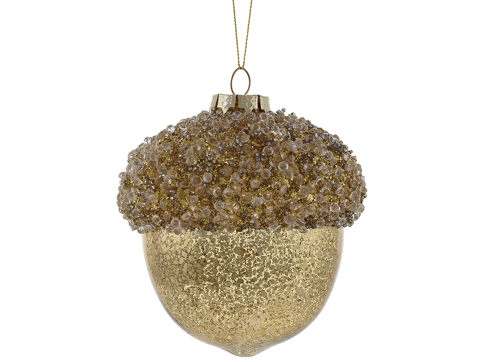 Елочная игрушка стеклянная Желудь золотистый с бисером, 10×12 см