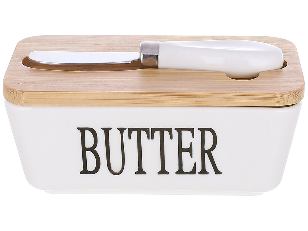 Масленка фарфоровая с бамбуковой крышкой и ножом для масла Butter 15*8.5*7.5см 289-419