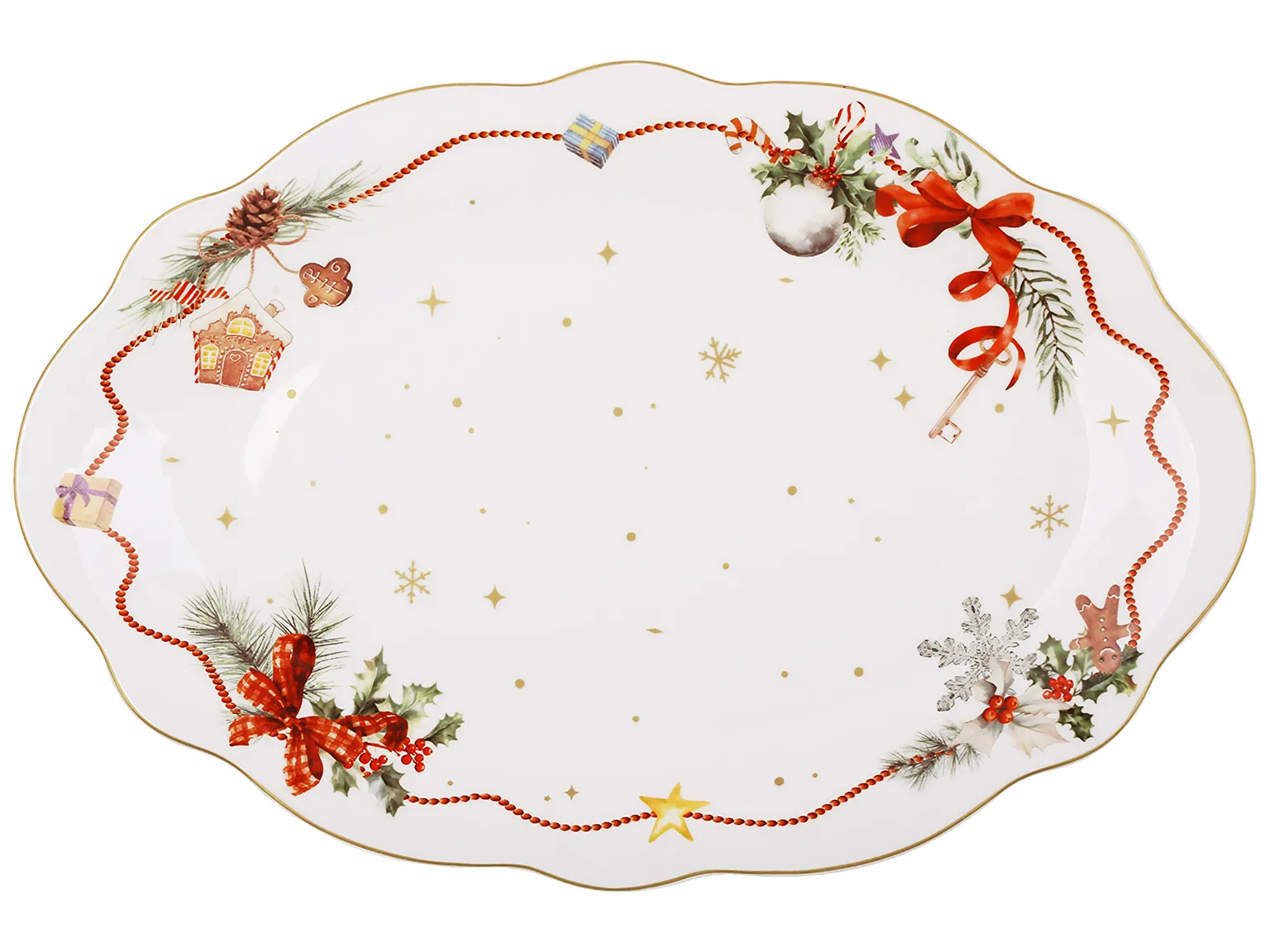 Блюдо сервировочное фарфоровое овальное Christmas Ribbon с волнистым краем, 30,6×20,6×2,5 см