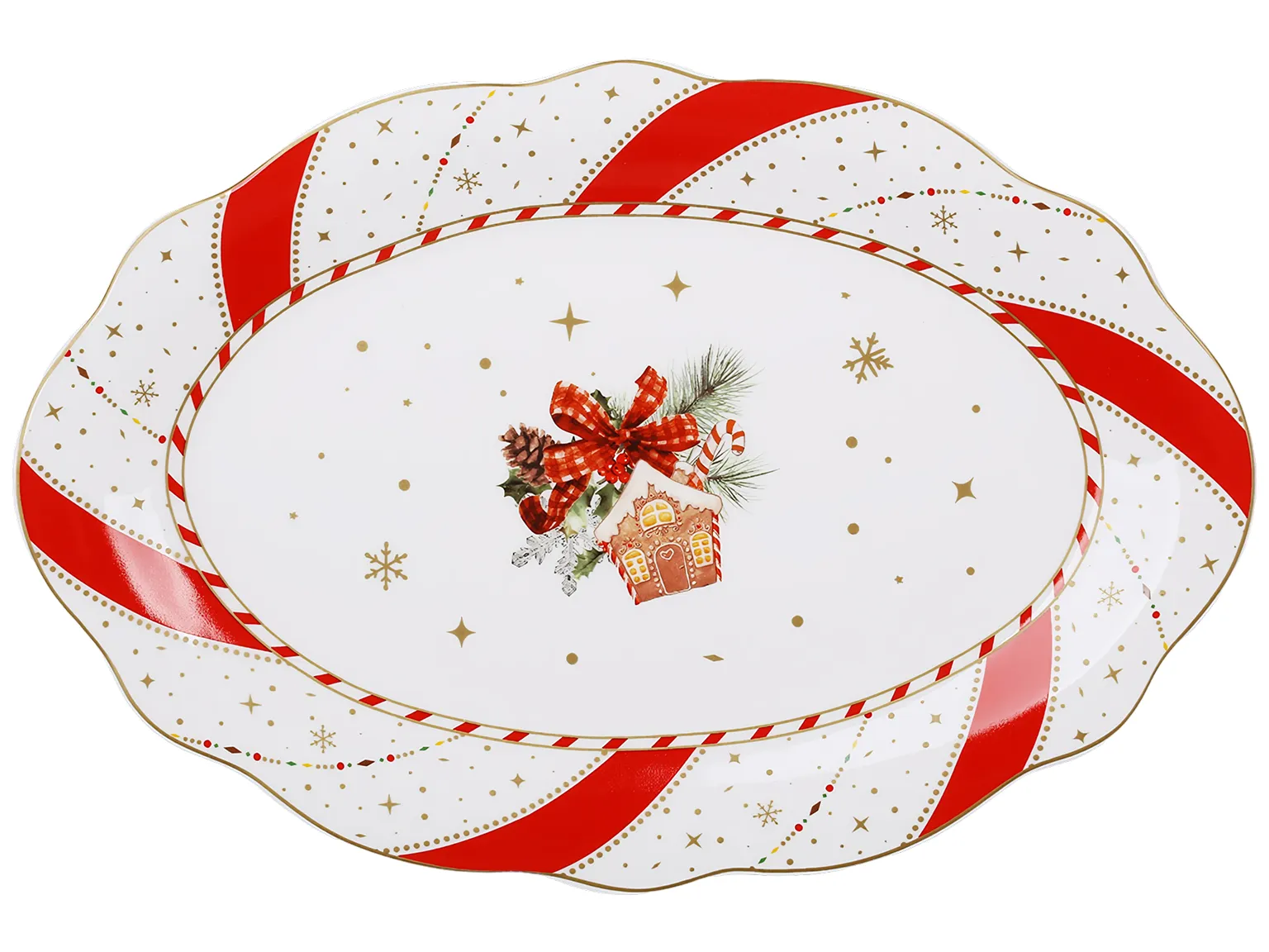 Блюдо сервировочное фарфоровое овальное Christmas Ribbon с волнистым краем, 30,6×20,6×2,5 см