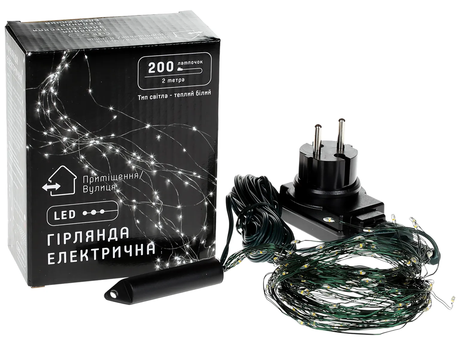 Гирлянда-пучок 200 mini-LED, 10 нитей по 2 м, теплый белый, зеленый провод, постоянное свечение