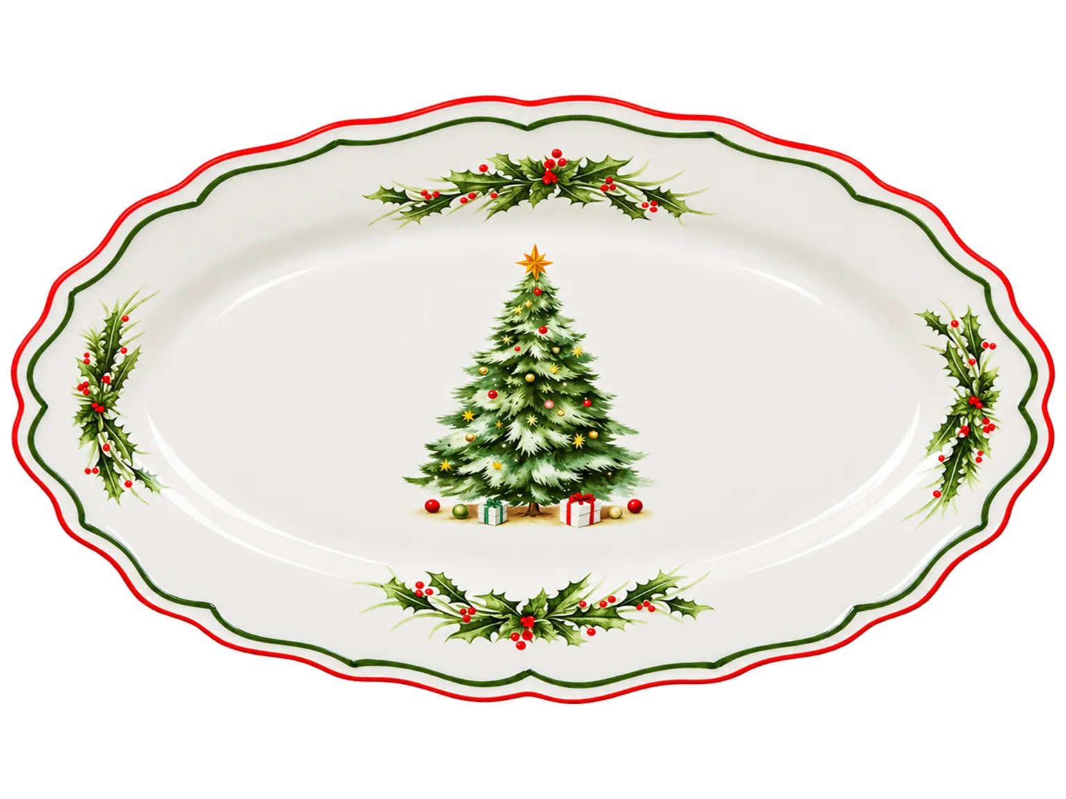 Блюдо порцелянове овальне Evergreen Christmas з новорічним декором, 35×20,5×3,5 см