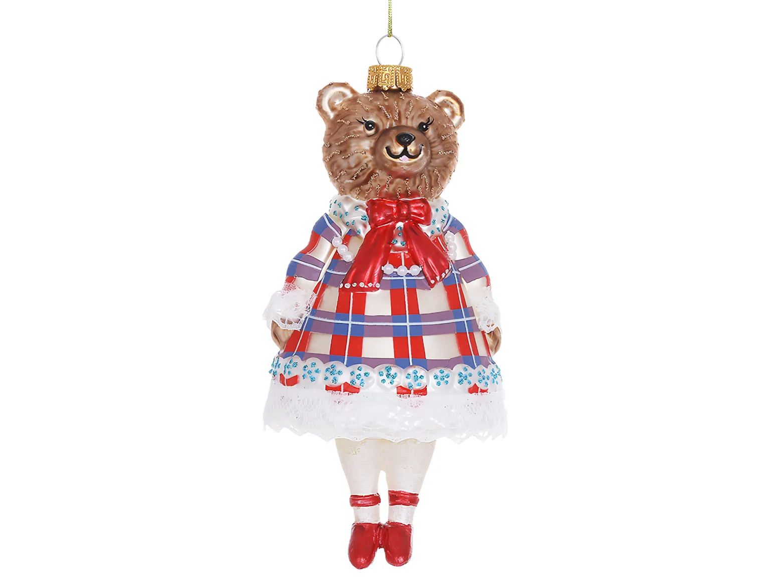 Елочная игрушка стеклянная Леди-мишка в клетчатом платье, 7,4×7×14 см