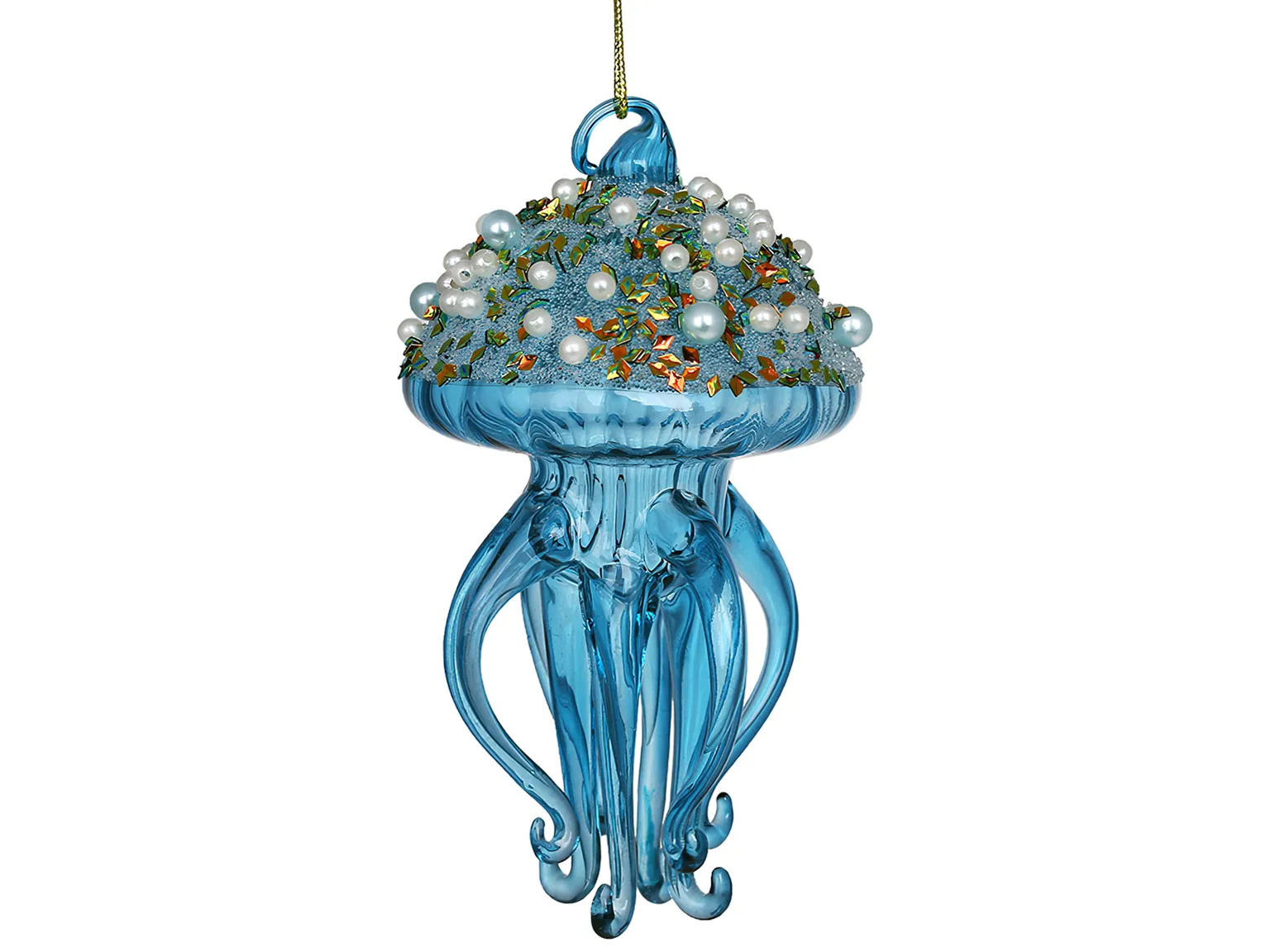 Елочная игрушка Медуза с жемчугом и пайетками, стекло, голубая, 6,5×6,5×12см