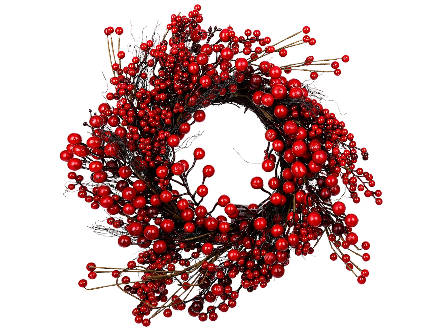Новогодний декоративный венок с красными ягодами, ротанг, диаметр 45 см