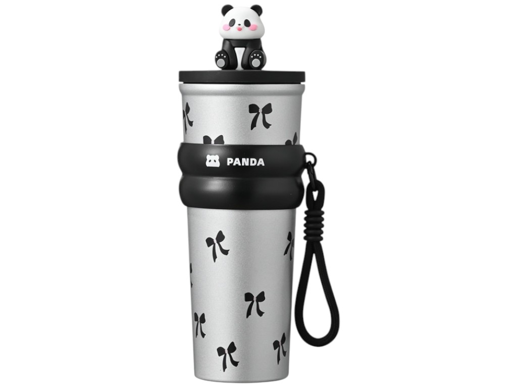 Термос детский Panda, с трубочкой и ремешком, нержавеющая сталь, силикон, 700мл, 3 дизайна