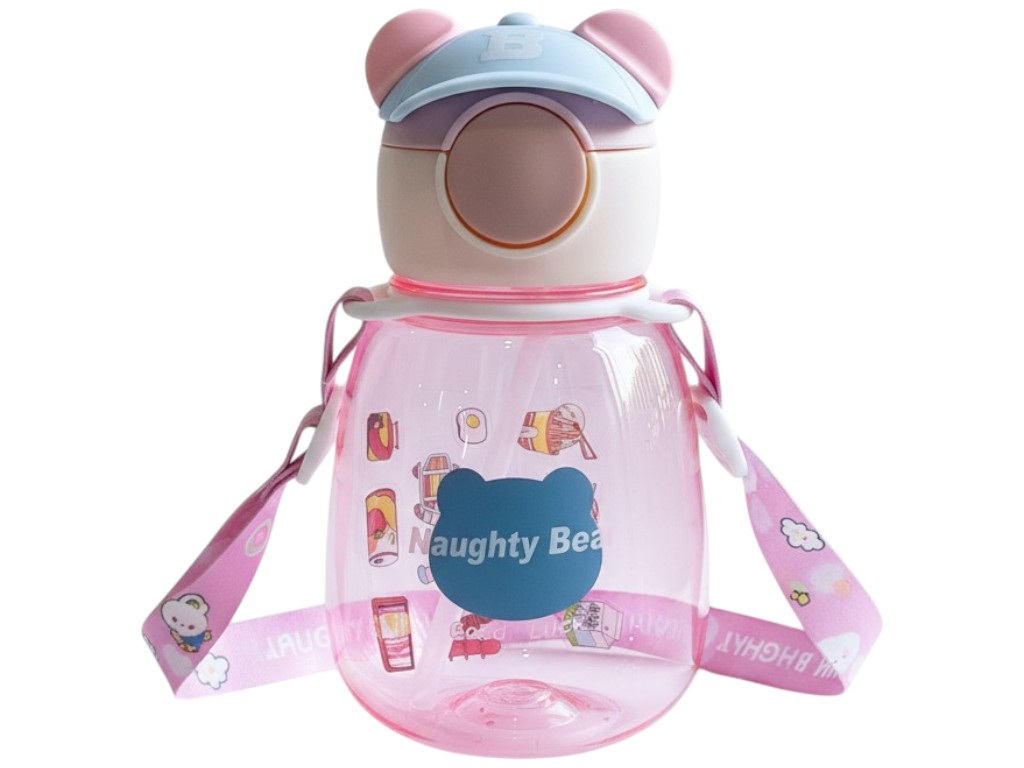Пляшка-поїлка дитяча Naughty Bear, з трубочкою, ремінець, наклейки, пластик, 650мл (ціна за 1шт)