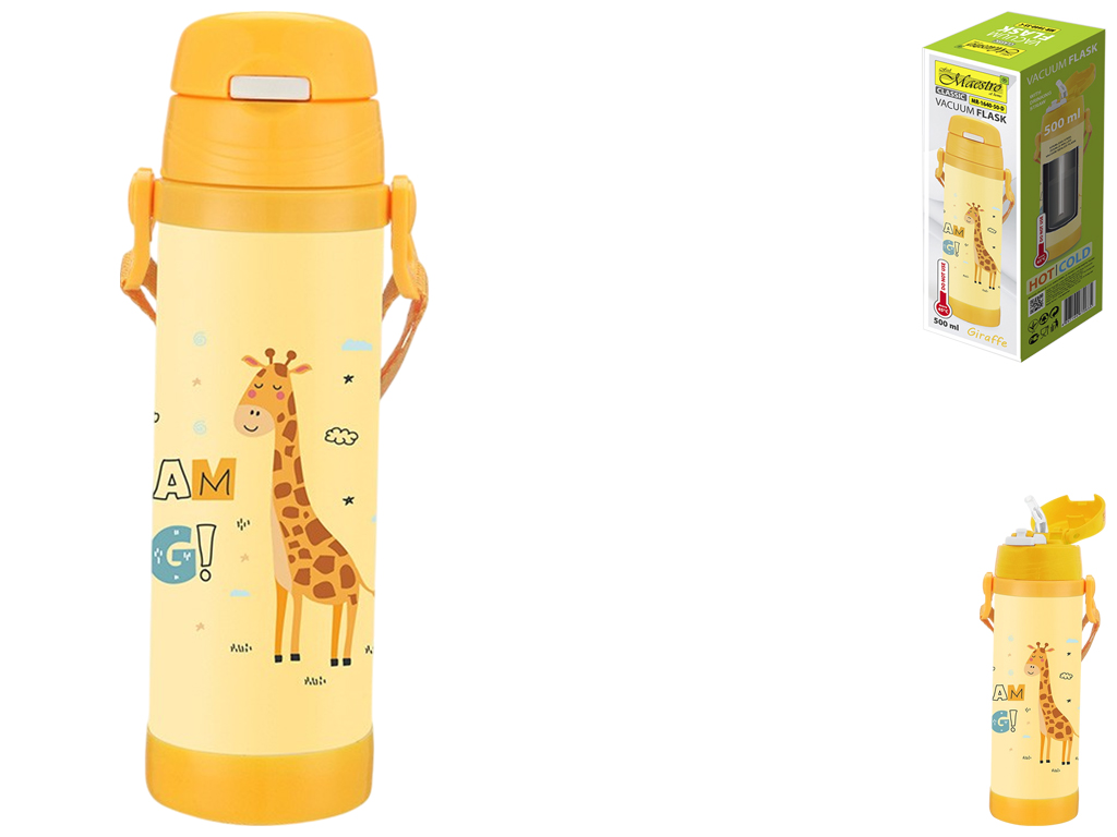 Термос детский Maestro Giraffe, 500мл, силиконовая трубочка, нержавеющая сталь, цвет розовый