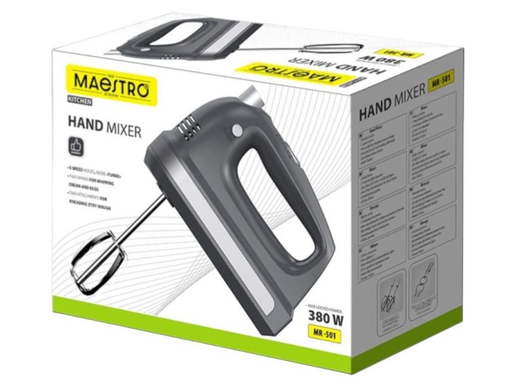 Міксер ручний Maestro, дві насадки, сірий, 500 Вт