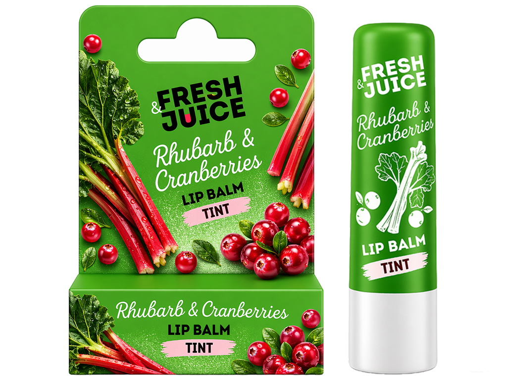 Бальзам для губ Fresh Juice, Rhubarb & Cranberries, с витамином Е, питание, увлажнение, защита, 3,6г