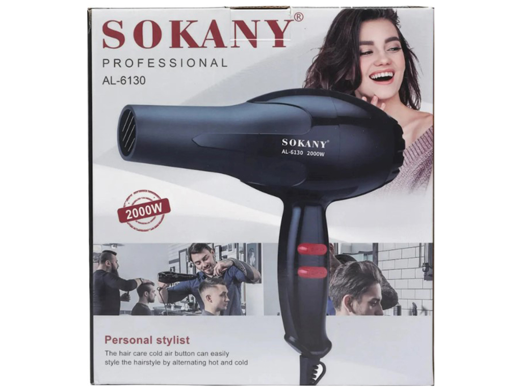 Фен для волос Sokany, 2000Вт, 2 скорости, 2 режима температуры, пластик, цвет черный