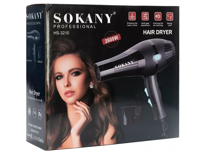 Фен Sokany, 2600Вт, 2 режими температури, 3 швидкості, концентратор, іонізація, колір чорний