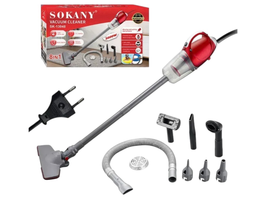 Пилосос Sokany, 3600Вт, 1,7л, HEPA фільтр, 8 насадок, довжина шнура 4м, 68×41,5×39,5см, колір червон