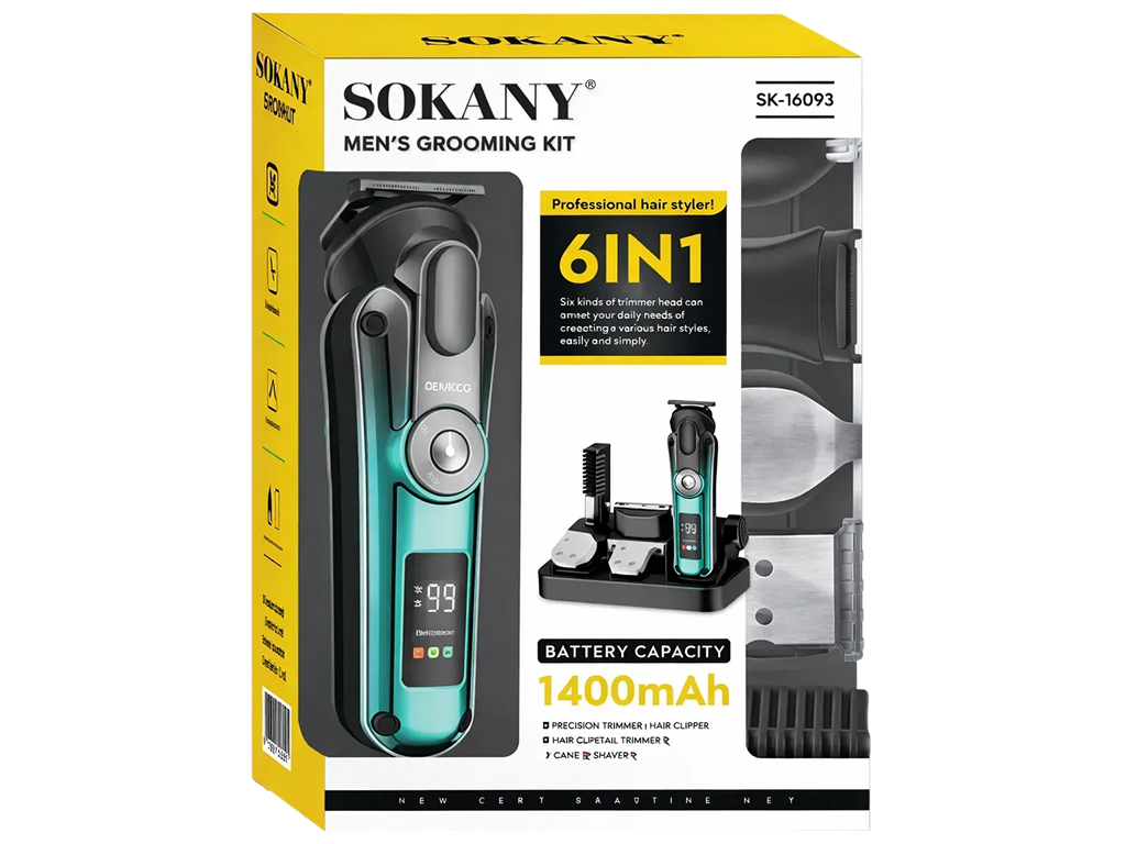 Триммер набор Sokany SK-16093, 6в1, аккумуляторный, насадки, дисплей