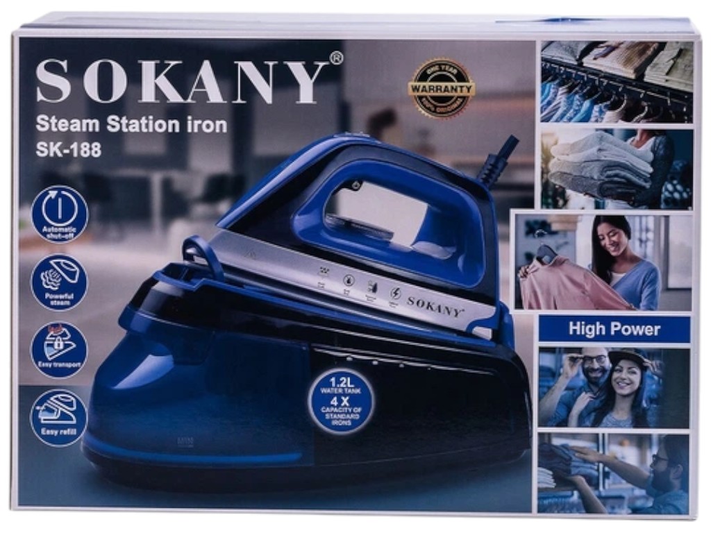 Праска з паровою станцією Sokany, з парогенератором, 2400Вт, кераміка, 40×21,5×28,5см, колір синій