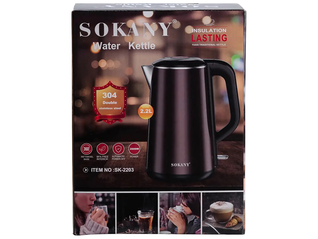 Чайник электрический Sokany, из нержавеющей стали, 2,2л, 2000Вт