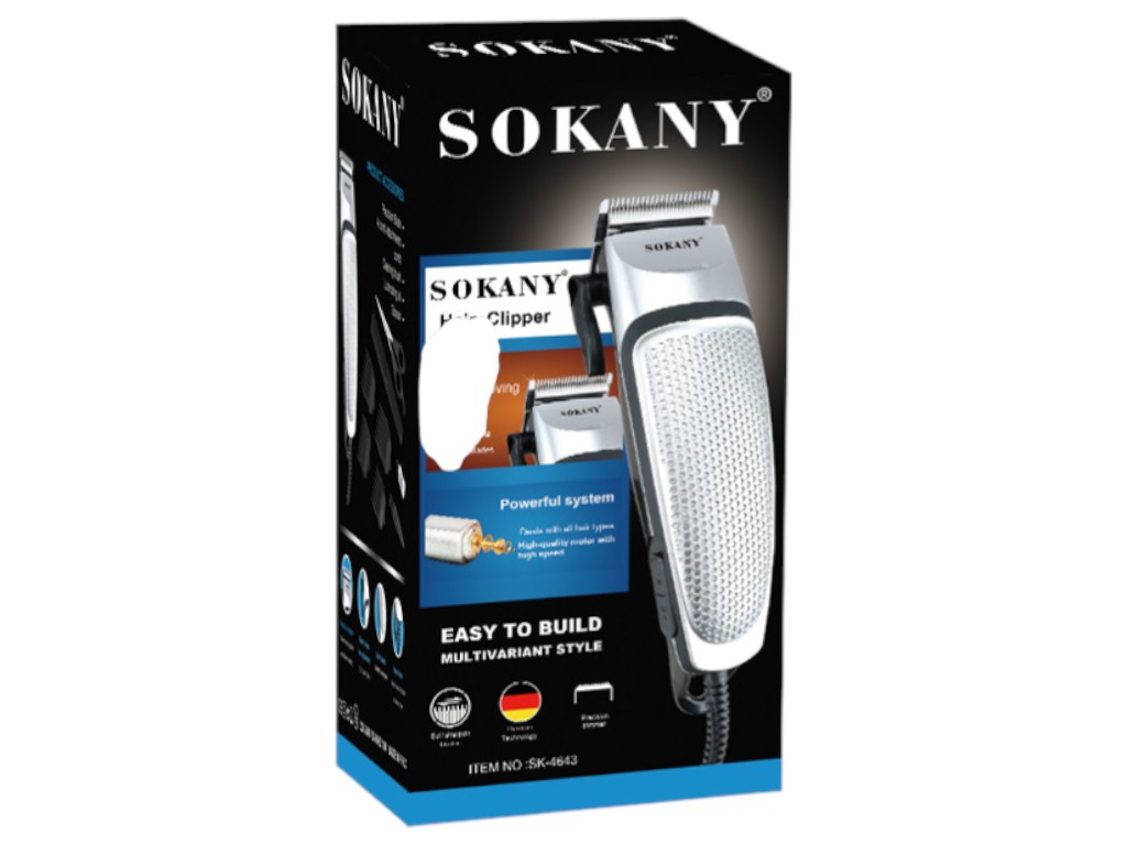 Машинка для стрижки Sokany, проводная, 4 насадки, длина 3/6/9/12мм, титановое покрытие, цвет серебро