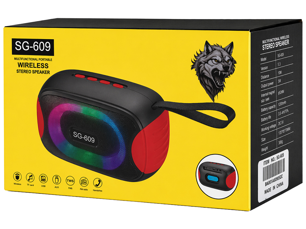 Колонка беспроводная, Bluetooth 5.3, аккумулятор 1200мАч, пластик, 15,3×8,8×10см, цвет черно-красный