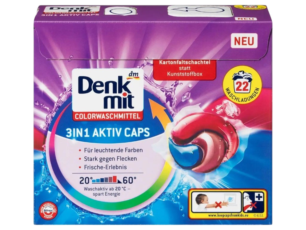 Гель-капсулы Denkmit 3 в 1 Aktiv Caps для цветных вещей, с ароматом свежести, 594г (цена за 22шт)