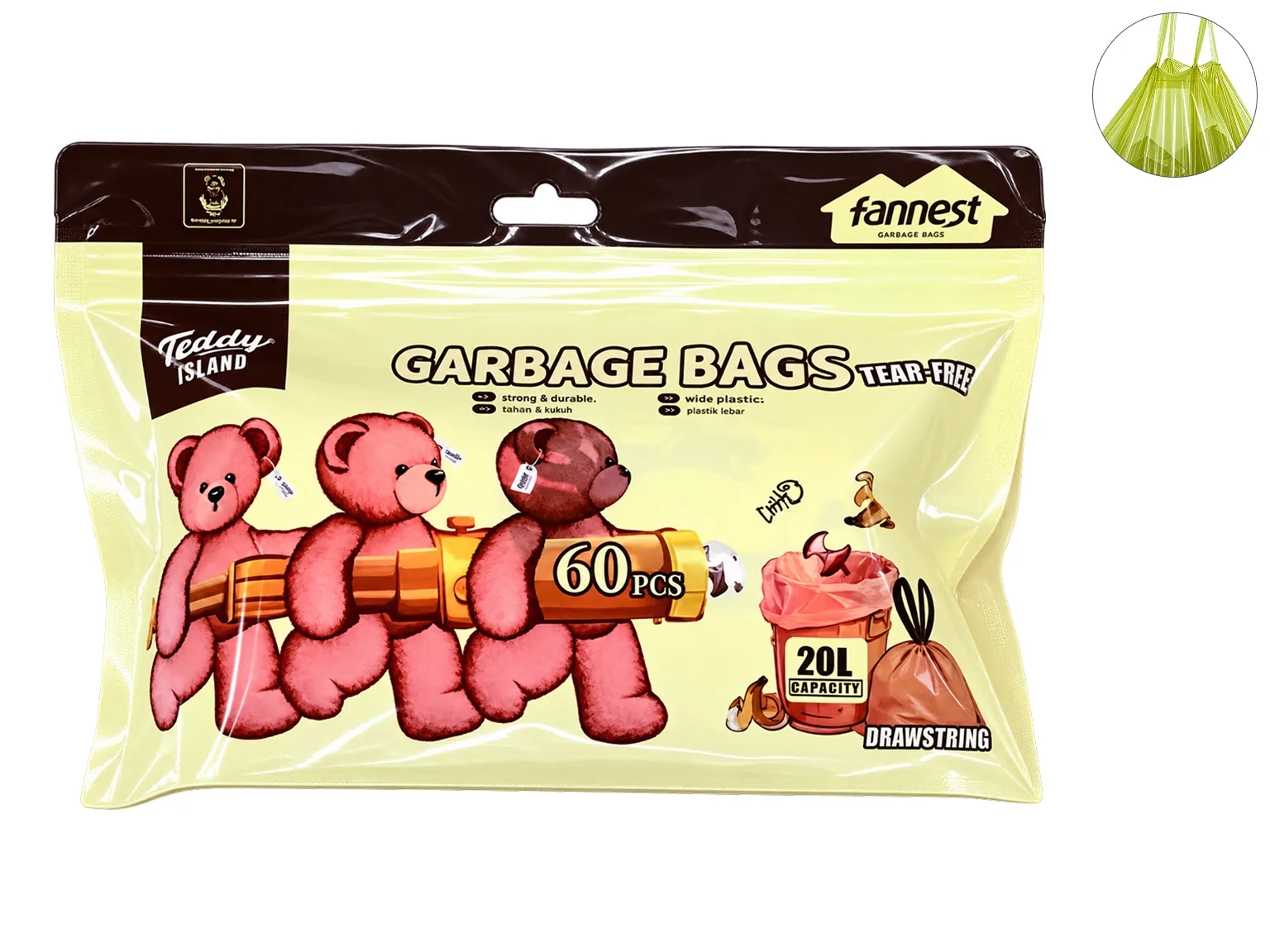Пакети для сміття Teddy Island із затяжками, жовті, 20 л, 60 шт