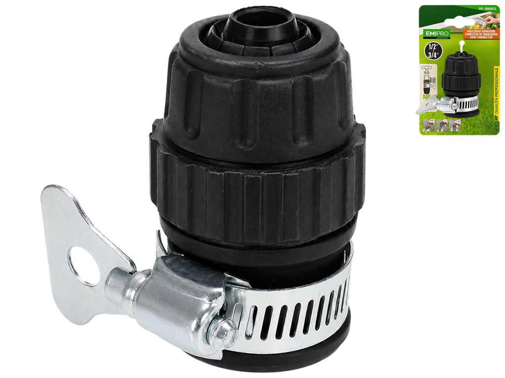 Адаптер для крана Emipro із хомутом пластиковий чорний, 1/2"-3/4"