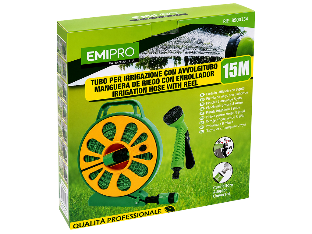 Шланг поливальний Emipro на котушці з пістолетом для поливу, 15 м
