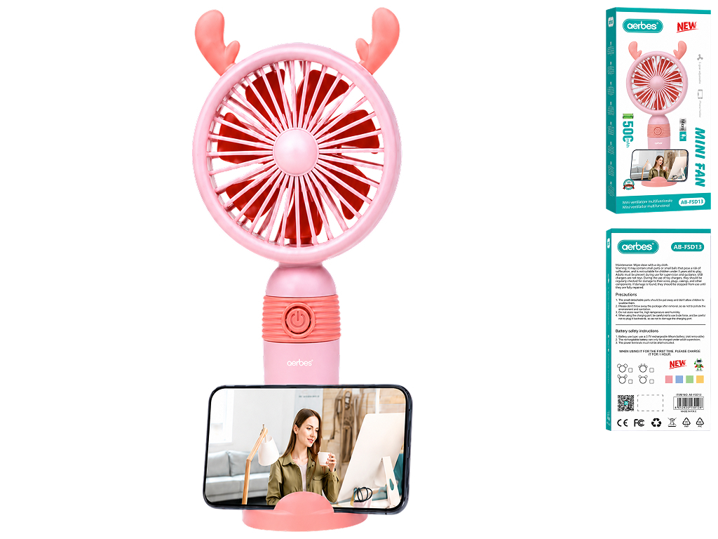 Вентилятор міні Aerbes, пластик, Micro USB, 500mAh, 4 кольори (ціна за 1шт)