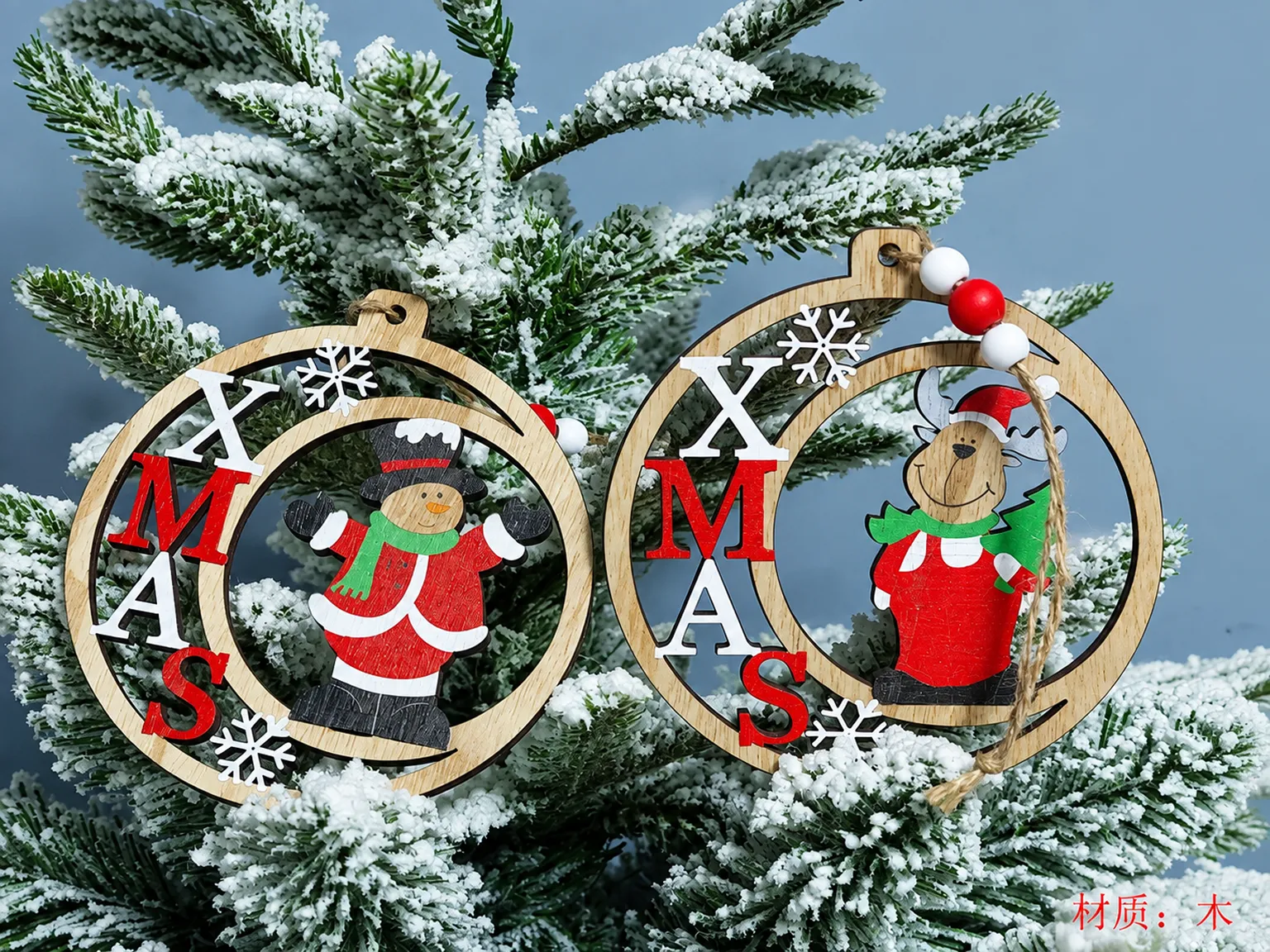 Рождественская подвеска деревянная Xmas с Санта-Клаусом и оленем, 12×13 см, 2 дизайна (цена за 1шт)