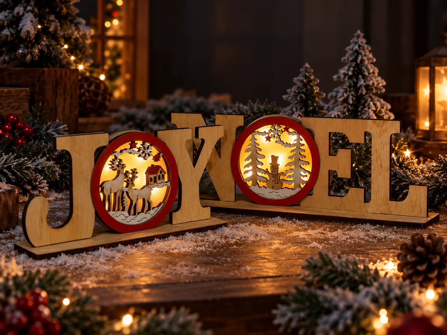Новогодняя деревянная композиция JOY NOEL с LED-подсветкой, 22,5×6×10 см