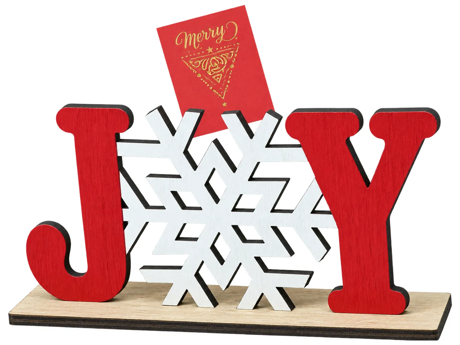 Новорічна дерев'яна композиція JOY зі сніжинкою, червоно-біла, 15×4×8 см