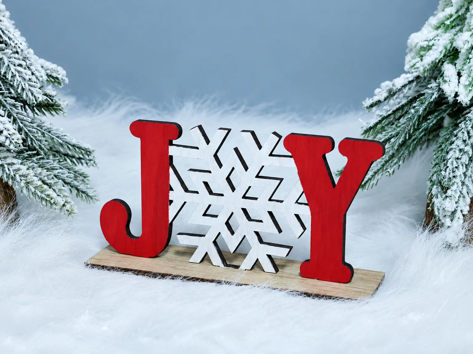 Новорічна дерев'яна композиція JOY зі сніжинкою, червоно-біла, 15×4×8 см
