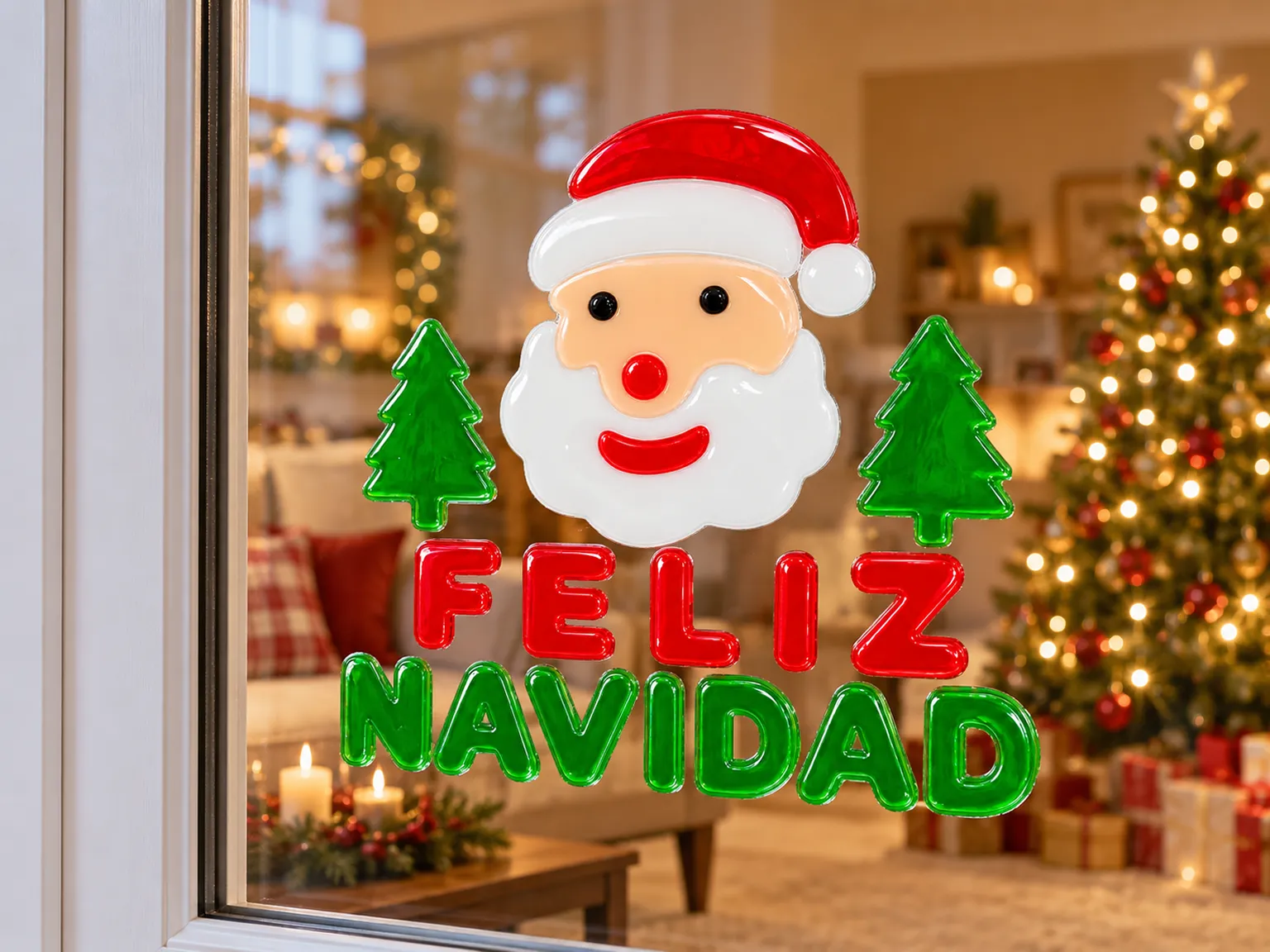 Новорічна наклейка на вікно Санта-Клаус із написом Feliz Navidad, 20×20 см