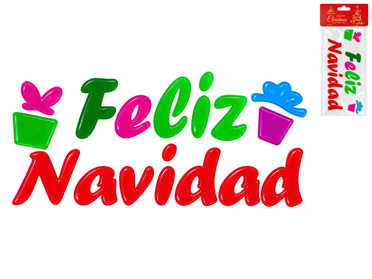 Новорічна наклейка на вікно Feliz Navidad із подарунками, різнокольорова, 17×45 см