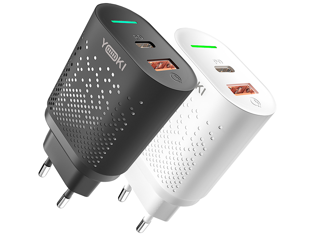 Сетевое зарядное устройство Yoki Led Series, USB-A + Type-C, 20W, Белый