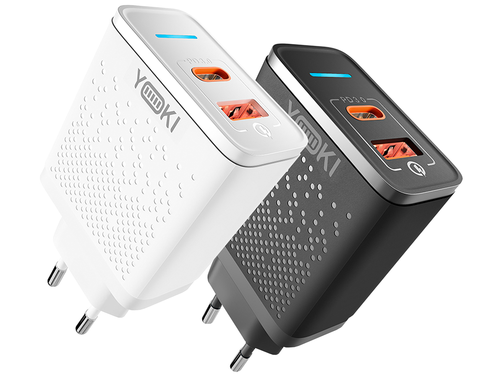 Сетевое зарядное устройство Yoki Led Series, USB-A + Type-C, 33W, Черный