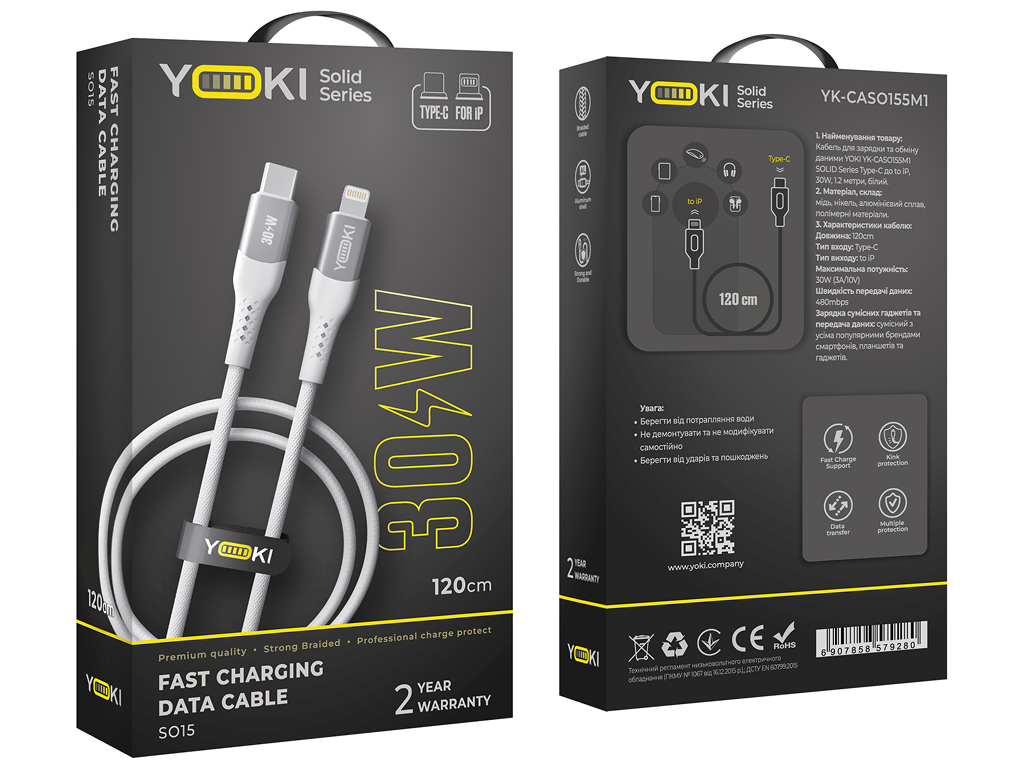 Кабель Yoki Solid, Type-C — Lightning, 30W, 1,2м, Белый