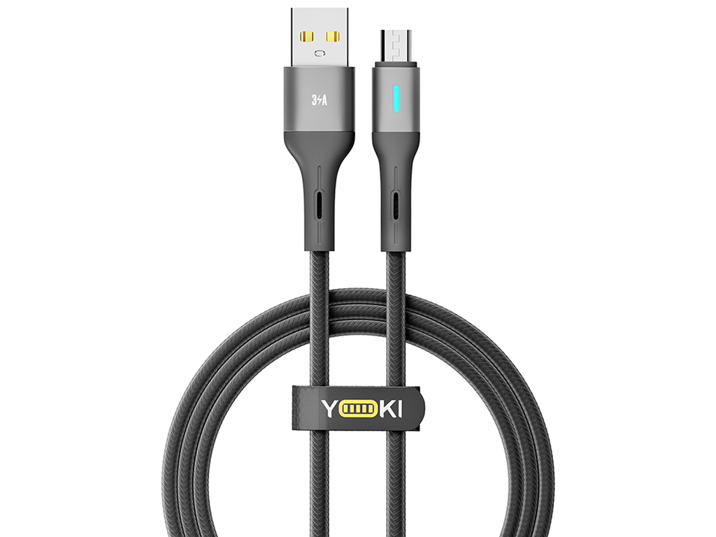 Кабель Yoki Led, USB-A — Micro-USB, 3A, LED індикатор, 1,2м, Чорний