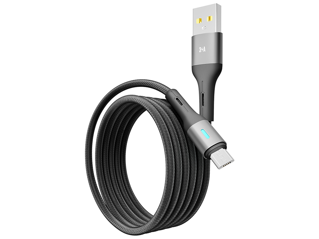 Кабель Yoki Led, USB-A — Micro-USB, 3A, LED індикатор, 1,2м, Чорний