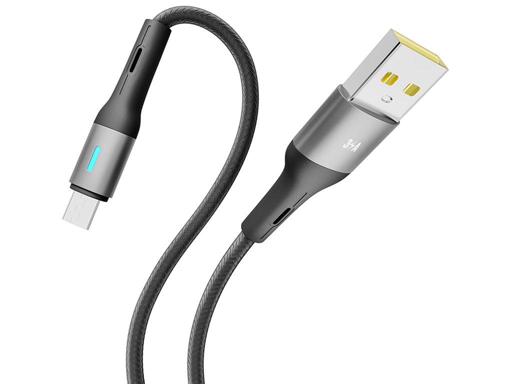 Кабель Yoki Led, USB-A — Micro-USB, 3A, LED індикатор, 1,2м, Чорний