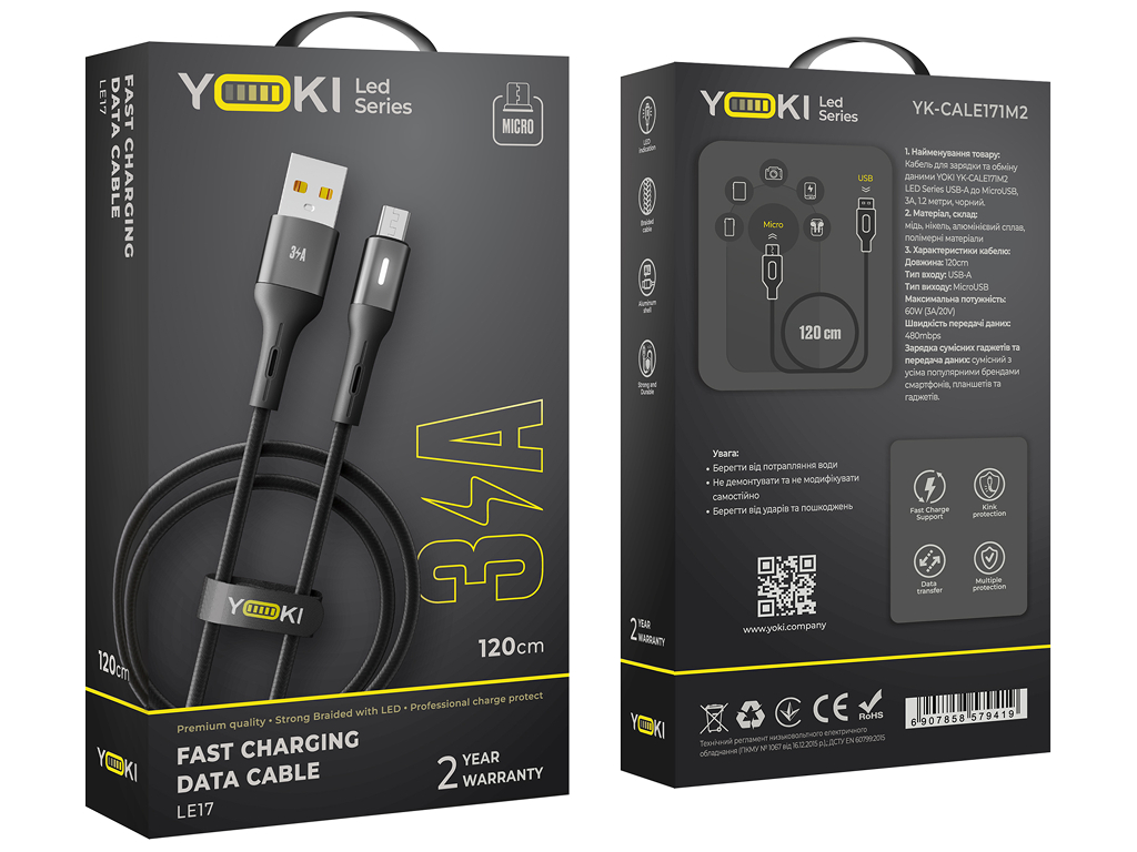 Кабель Yoki Led, USB-A — Micro-USB, 3A, LED індикатор, 1,2м, Чорний