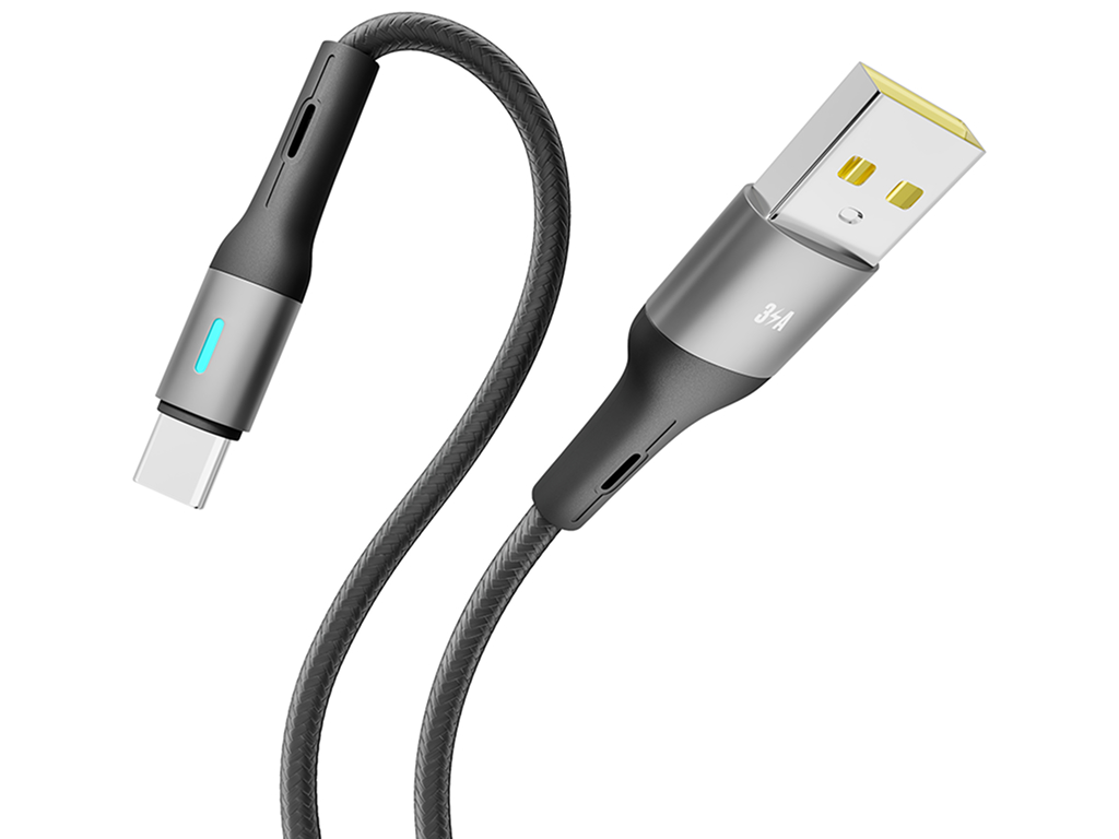 Кабель Yoki Led, USB-A - Type-C, 3A, LED індикатор, 1,2 м, Чорний