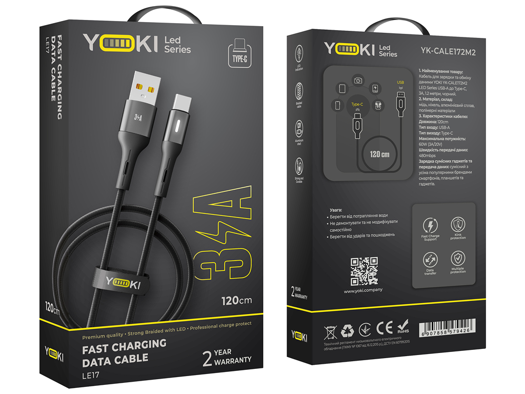 Кабель Yoki Led, USB-A - Type-C, 3A, LED індикатор, 1,2 м, Чорний
