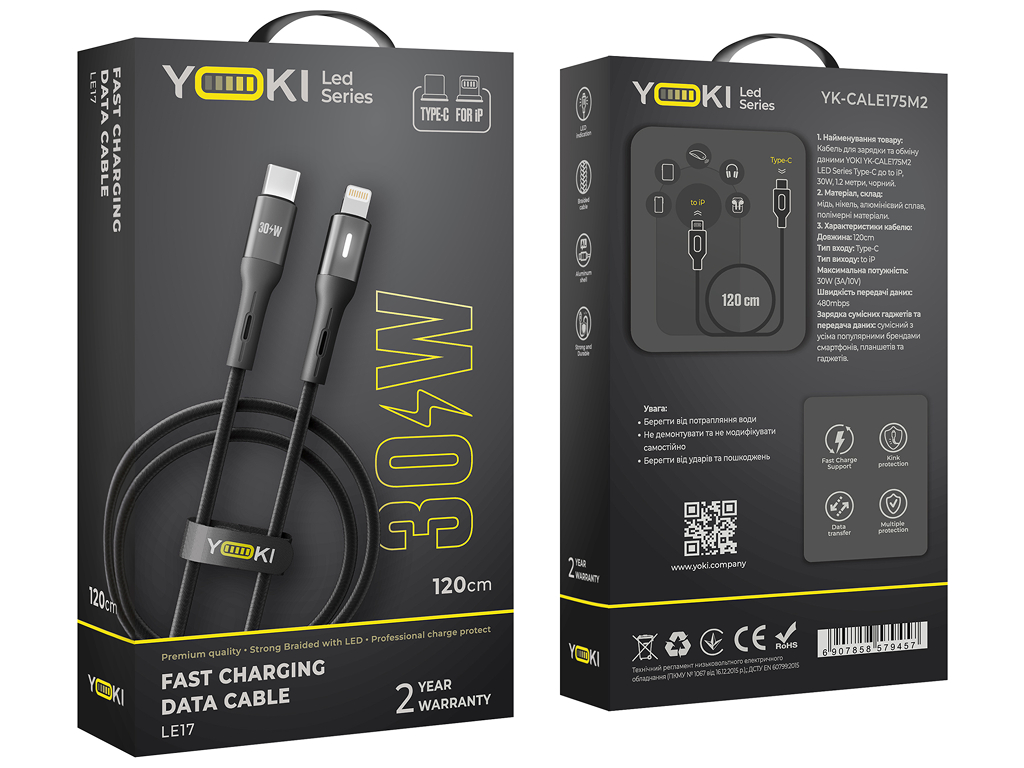 Кабель Yoki Led, Type-C - Lightning, 30W, LED індикатор, 1,2м, Чорний