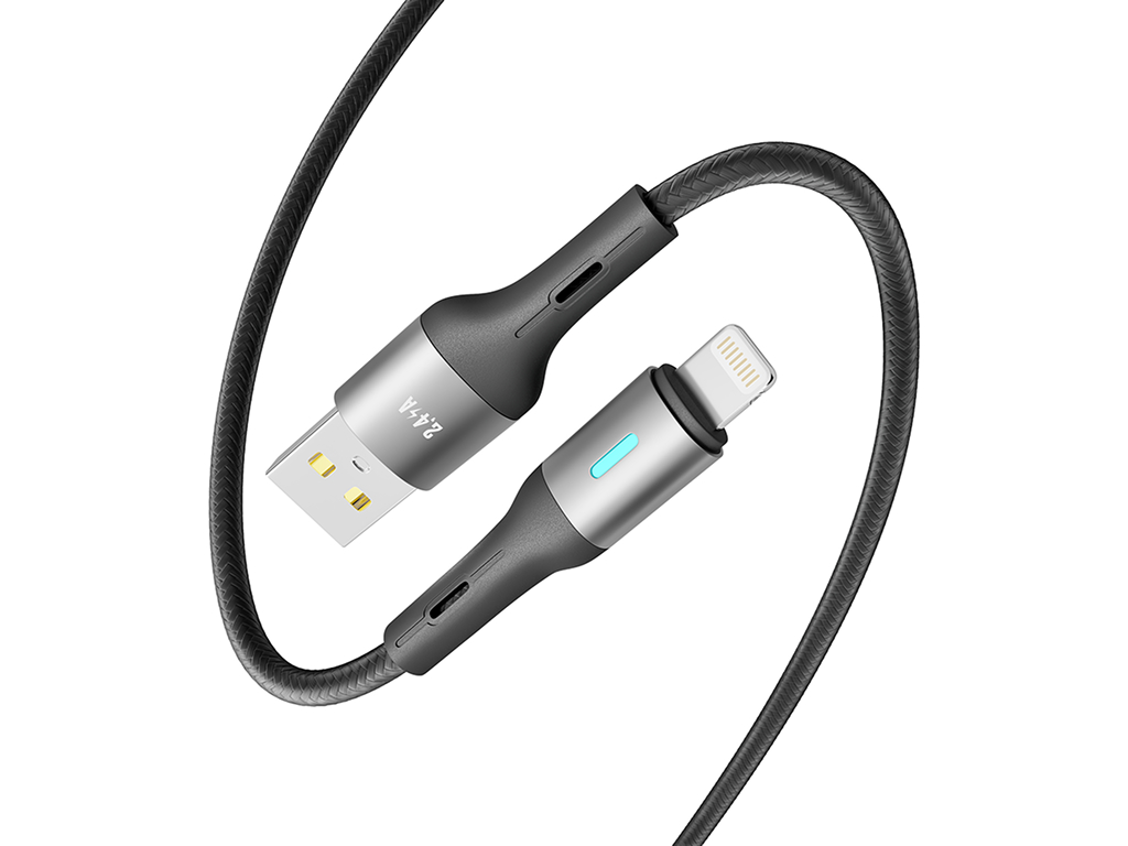 Кабель Yoki Led, USB-A - Lightning, 2,4A, 2м, Чорний