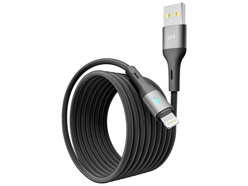 Кабель Yoki Led, USB-A - Lightning, 2,4A, 2м, Чорний
