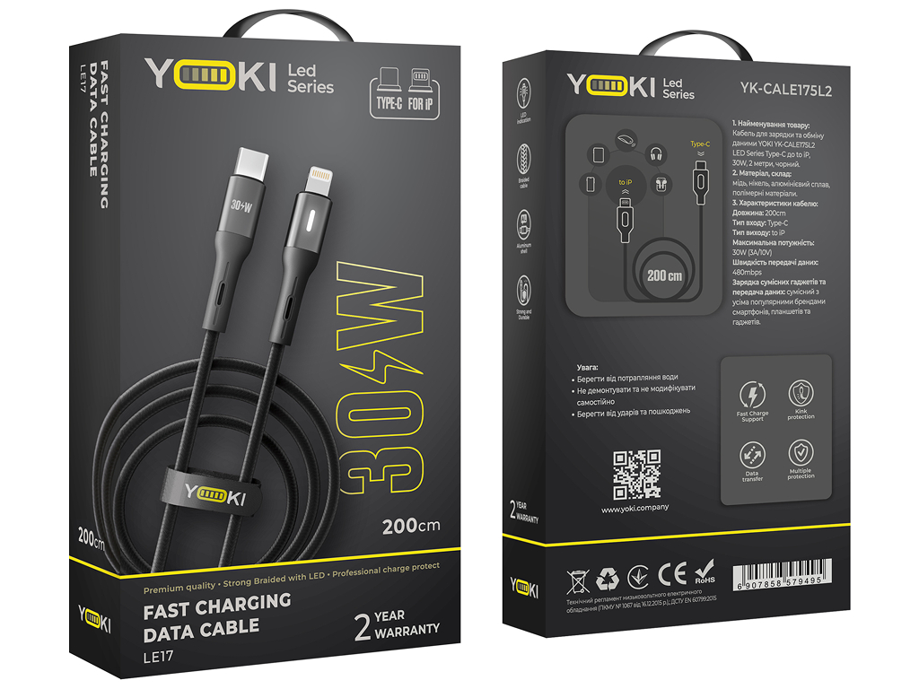 Кабель Yoki Led, Type-C — Lightning, 30Вт, LED індикатор, 2м, Чорний